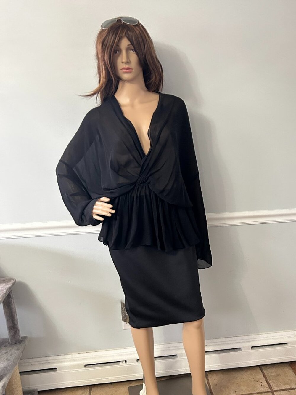 Zara Studio Sheer Black Blouse Plunging Neckline Cut Out Back NWT Size M/L